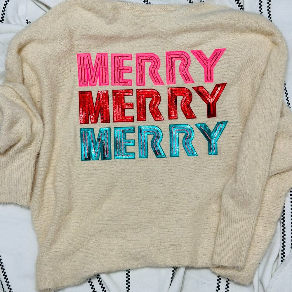 Soft Blush Pink Color Cowl Neck Sweater Christmas MERRY MERRY MERRY Sequins